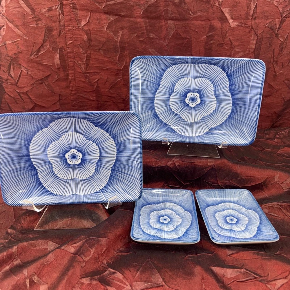 Japanese Mino Ware Blue White Tokusa Bellflower Sushi And Sauce Plates Japan EUC